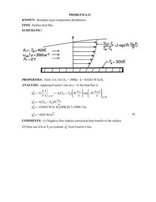 PROBLEM 6.12
KNOWN: Boundary layer temperature distribution.
FIND: Surface heat flux.
SCHEMATIC:
PROPERTIES: Table A-4, Air (Ts = 300K): k = 0.0263 W/m⋅K.
ANALYSIS: Applying Fourier’s law at y = 0, the heat flux is
( )
( )
( )
y=0
s s
y=0
s s
s
T u u y
q k k T T Pr exp Pr
y
u
q k T T Pr
q 0.0263 W/m K 100K 0.7 5000 1/m.
∂
∂ ν ν
ν
∞ ∞
∞
∞
∞
   
′′ = − = − − −   
   
′′ = − −
′′ = − ⋅ ×
2
sq 9205 W/m .′′ = − 
COMMENTS: (1) Negative flux implies convection heat transfer to the surface.
(2) Note use of k at Ts to evaluate sq′′ from Fourier’s law.
 