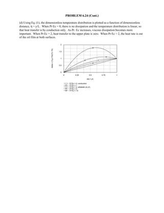 PROBLEM 6.24 (Cont.)
(d) Using Eq. (1), the dimensionless temperature distribution is plotted as a function of dimensionless
distance, η = y/L. When Pr⋅Ec = 0, there is no dissipation and the temperature distribution is linear, so
that heat transfer is by conduction only. As Pr ⋅Ec increases, viscous dissipation becomes more
important. When Pr⋅Ec = 2, heat transfer to the upper plate is zero. When Pr⋅Ec  2, the heat rate is out
of the oil film at both surfaces.
0 0.25 0.5 0.75 1
eta = y/L
0
0.5
1
1.5
2
theta=(T(y)-T0)/(TL-T0)
Pr*Ec = 0, conduction
Pr*Ec = 1
Pr*Ec = 2, adiabatic at y=L
Pr*Ec = 4
Pr*Ec = 10
 