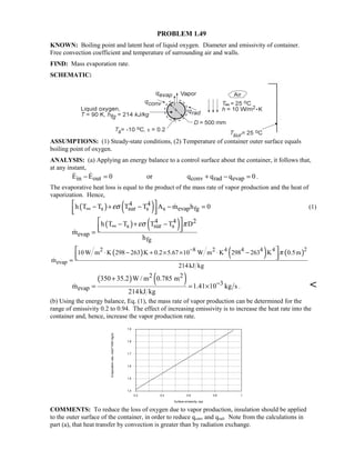 PROBLEM 1.49
KNOWN: Boiling point and latent heat of liquid oxygen. Diameter and emissivity of container.
Free convection coefficient and temperature of surrounding air and walls.
FIND: Mass evaporation rate.
SCHEMATIC:
ASSUMPTIONS: (1) Steady-state conditions, (2) Temperature of container outer surface equals
boiling point of oxygen.
ANALYSIS: (a) Applying an energy balance to a control surface about the container, it follows that,
at any instant,
in out conv rad evapE E 0 or q q q 0− = + − =  .
The evaporative heat loss is equal to the product of the mass rate of vapor production and the heat of
vaporization. Hence,
( ) ( )4 4
s sur s s evap fgh T T T T A m h 0εσ∞
 − + − − =
  
 (1)
( ) ( )4 4 2
s sur s
evap
fg
h T T T T D
m
h
εσ π∞
 − + −
  =
( ) ( ) ( )22 8 2 4 4 4 4
evap
10 W m K 298 263 K 0.2 5.67 10 W m K 298 263 K 0.5m
m
214kJ kg
π−
⋅ − + × × ⋅ −
=
 
  
( ) ( )2 2
3
evap
350 35.2 W / m 0.785 m
m 1.41 10 kg s
214kJ kg
−
+
= = × . 
(b) Using the energy balance, Eq. (1), the mass rate of vapor production can be determined for the
range of emissivity 0.2 to 0.94. The effect of increasing emissivity is to increase the heat rate into the
container and, hence, increase the vapor production rate.
0.2 0.4 0.6 0.8 1
Surface emissivity, eps
1.4
1.5
1.6
1.7
1.8
1.9
Evaporationrate,mdot*1000(kg/s)
COMMENTS: To reduce the loss of oxygen due to vapor production, insulation should be applied
to the outer surface of the container, in order to reduce qconv and qrad. Note from the calculations in
part (a), that heat transfer by convection is greater than by radiation exchange.
 