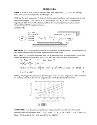 PROBLEM 1.66
KNOWN: Hot-wall oven, in lieu of infrared lamps, with temperature Tsur = 200°C for heating a
coated plate to the cure temperature. See Example 1.6.
FIND: (a) The plate temperature Ts for prescribed convection conditions and coating emissivity, and
(b) Calculate and plot Ts as a function of Tsur for the range 150 ≤ Tsur ≤ 250°C for ambient air
temperatures of 20, 40 and 60°C; identify conditions for which acceptable curing temperatures
between 100 and 110°C may be maintained.
SCHEMATIC:
ASSUMPTIONS: (1) Steady-state conditions, (2) Negligible heat loss from back surface of plate, (3)
Plate is small object in large isothermal surroundings (hot oven walls).
ANALYSIS: (a) The temperature of the plate can be determined from an energy balance on the plate,
considering radiation exchange with the hot oven walls and convection with the ambient air.
in out rad convE E 0 or q q 0′′ ′′ ′′ ′′− = − = 
( ) ( )4 4
sur s sT T h T T 0εσ ∞− − − =
[ ]( ) [ ]( )48 2 4 4 4 2
s s0.5 5.67 10 W / m K 200 273 T K 15W / m K T 20 273 K 0−
× × ⋅ + − − ⋅ − + =
sT 357 K 84 C= = ° 
(b) Using the energy balance relation in the Workspace of IHT, the plate temperature can be calculated
and plotted as a function of oven wall temperature for selected ambient air temperatures.
COMMENTS: From the graph, acceptable cure temperatures between 100 and 110°C can be
maintained for these conditions: with T∞ = 20°C when 225 ≤ Tsur ≤ 240°C; with T∞ = 40°C when 205
≤ Tsur ≤ 220°C; and with T∞ = 60°C when 175 ≤ Tsur ≤ 195°C.
150 175 200 225 250
Oven wall temperature, Tsur (C)
50
100
150
Platetemperature,Ts(C)
Tinf = 60 C
Tinf = 40 C
Tinf = 20 C
 