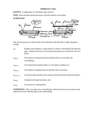 PROBLEM 1.73(b)
KNOWN: Configuration of a flat plate solar collector.
FIND: Relevant heat transfer processes with and without a cover plate.
SCHEMATIC:
The relevant processes without (above left schematic) and with (above right schematic)
include:
qS Incident solar radiation, a large portion of which is absorbed by the absorber
plate. Reduced with use of cover plate (primarily due to reflection off cover
plate).
qrad,∞ Net radiation exchange between absorber plate or cover plate and
surroundings,
qconv,∞ Convection from absorber plate or cover plate to ambient air,
qrad,a-c Net radiation exchange between absorber and cover plates,
qconv,a-c Convection heat transfer across airspace between absorber and cover plates,
qcond Conduction through insulation, and
qconv Convection to working fluid.
COMMENTS: The cover plate acts to significantly reduce heat losses by convection and
radiation from the absorber plate to the surroundings.
 