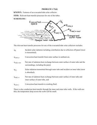 PROBLEM 1.73(d)
KNOWN: Features of an evacuated tube solar collector.
FIND: Relevant heat transfer processes for one of the tubes.
SCHEMATIC:
The relevant heat transfer processes for one of the evacuated tube solar collectors includes:
qS Incident solar radiation including contribution due to reflection off panel (most
is transmitted),
qconv,o Convection heat transfer from outer surface to ambient air,
qrad,o-sur Net rate of radiation heat exchange between outer surface of outer tube and the
surroundings, including the panel,
qS,t Solar radiation transmitted through outer tube and incident on inner tube (most
is absorbed),
qrad,i-o Net rate of radiation heat exchange between outer surface of inner tube and
inner surface of outer tube, and
qconv,i Convection heat transfer to working fluid.
There is also conduction heat transfer through the inner and outer tube walls. If the walls are
thin, the temperature drop across the walls will be small.
 
