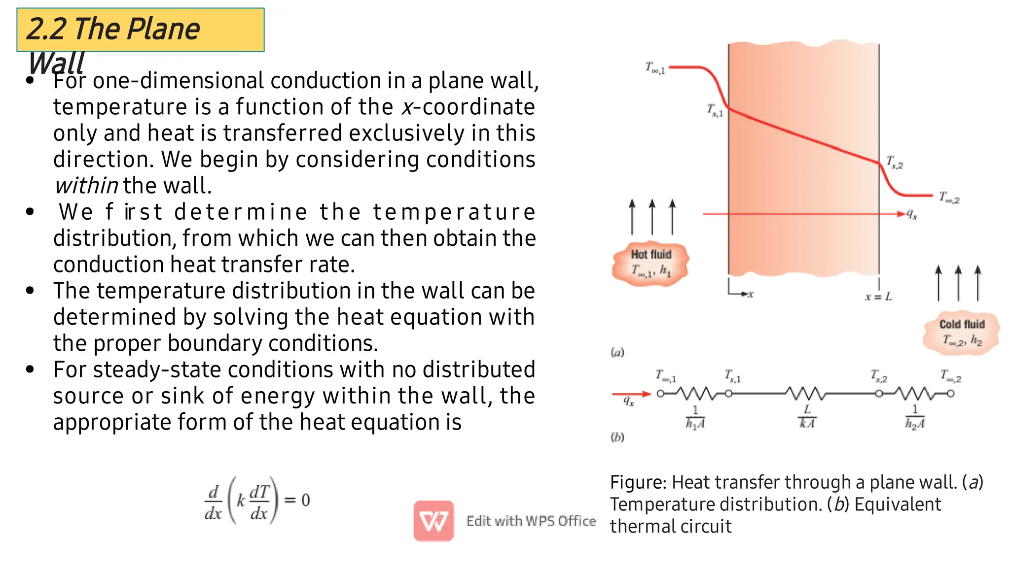 2.2 The Plane
Wall
•
•
•
•
For one-dimensional conduction in a plane wall,
temperature is a function of the x-coordinate
only and heat is transferred exclusively in this
direction. We begin by considering conditions
within the wall.
We f ir st de te r mi ne th e te mpe rature
distribution, from which we can then obtain the
conduction heat transfer rate.
The temperature distribution in the wall can be
determined by solving the heat equation with
the proper boundary conditions.
For steady-state conditions with no distributed
source or sink of energy within the wall, the
appropriate form of the heat equation is
Figure: Heat transfer through a plane wall. (a)
Temperature distribution. (b) Equivalent
thermal circuit
 