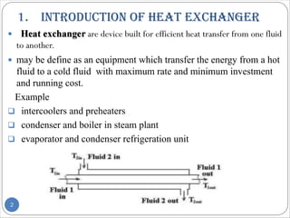 1. IntroduCtIon of heat exChanger
 are device built for efficient heat transfer from one fluid
to another.
 may be define as an equipment which transfer the energy from a hot
fluid to a cold fluid with maximum rate and minimum investment
and running cost.
Example
q intercoolers and preheaters
q condenser and boiler in steam plant
q evaporator and condenser refrigeration unit
2
 