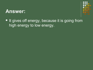 Answer:
 It gives off energy, because it is going from
high energy to low energy.
 