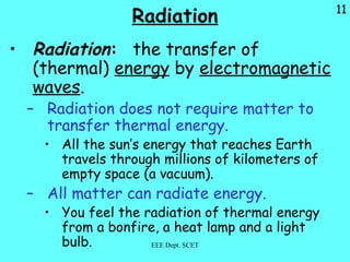 11
Radiation
• Radiation: the transfer of
(thermal) energy by electromagnetic
waves.
– Radiation does not require matter to
transfer thermal energy.
• All the sun’s energy that reaches Earth
travels through millions of kilometers of
empty space (a vacuum).
– All matter can radiate energy.
• You feel the radiation of thermal energy
from a bonfire, a heat lamp and a light
bulb. EEE Dept. SCET
 