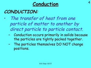 4
Conduction
CONDUCTION:
• The transfer of heat from one
particle of matter to another by
direct particle to particle contact.
– Conduction occurs primarily in solids because
the particles are tightly packed together.
– The particles themselves DO NOT change
positions.
EEE Dept. SCET
 