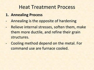 Heat Treatment Process Annealing Process Annealing is the opposite of hardening Relieve internal stresses, soften them, make them more ductile, and refine their grain structures. Cooling method depend on the metal. For command use are furnace cooled. 