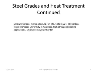 Steel Grades and Heat Treatment
Continued
17/06/2015 Iriah Ligh6t Aviation Society 14
Medium Carbon, higher alloys. Ni, Cr, Mo. 4340=EN24. Oil harden.
Nickel increases uniformity in hardness. High stress engineering
applications. Small pieces will air harden
 
