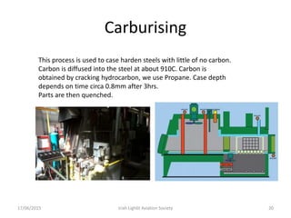 Carburising
17/06/2015 Iriah Ligh6t Aviation Society 20
This process is used to case harden steels with little of no carbon.
Carbon is diffused into the steel at about 910C. Carbon is
obtained by cracking hydrocarbon, we use Propane. Case depth
depends on time circa 0.8mm after 3hrs.
Parts are then quenched.
 