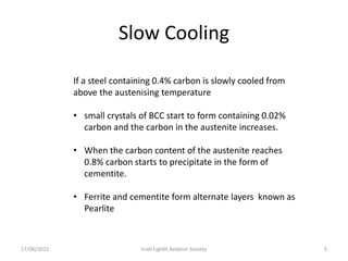 Slow Cooling
17/06/2015 Iriah Ligh6t Aviation Society 5
If a steel containing 0.4% carbon is slowly cooled from
above the austenising temperature
• small crystals of BCC start to form containing 0.02%
carbon and the carbon in the austenite increases.
• When the carbon content of the austenite reaches
0.8% carbon starts to precipitate in the form of
cementite.
• Ferrite and cementite form alternate layers known as
Pearlite
 