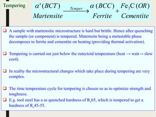 Tempering
 A sample with martensitic microstructure is hard but brittle. Hence after quenching
the sample (or component) is tempered. Maternsite being a metastable phase
decomposes to ferrite and cementite on heating (providing thermal activation).
 Tempering is carried out just below the eutectoid temperature (heat → wait→ slow
cool).
 In reality the microstructural changes which take place during tempering are very
complex.
 The time temperature cycle for tempering is chosen so as to optimize strength and
toughness.
 E.g. tool steel has a as quenched hardness of Rc65, which is tempered to get a
hardness of Rc45-55.
Cementite
ORF
Ferrite
BCC
Martensite
BCT Temper )(Ce)()(' 3
 

 