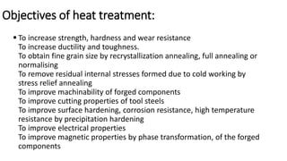 Objectives of heat treatment:
 To increase strength, hardness and wear resistance
To increase ductility and toughness.
To obtain fine grain size by recrystallization annealing, full annealing or
normalising
To remove residual internal stresses formed due to cold working by
stress relief annealing
To improve machinability of forged components
To improve cutting properties of tool steels
To improve surface hardening, corrosion resistance, high temperature
resistance by precipitation hardening
To improve electrical properties
To improve magnetic properties by phase transformation, of the forged
components
 