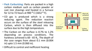 • Pack Carburizing: Parts are packed in a high
carbon medium such as carbon powder or
cast iron shavings and heated in a furnace
for 12 to 72 hours at 900 ⁰ C (1652 ⁰ F).
• CO gas is produced which is a strong
reducing agent. The reduction reaction
occurs on the surface of the steel releasing
Carbon, which is then diffused into the
surface due to the high temperature.
• The Carbon on the surface is 0.7% to 1.2%
depending on process conditions. The
hardness achieved is 60 - 65 RC. The depth of
the case ranges from about 0.1 mm (0.004
in) upto 1.5 mm (0.060 in).
• Difficult to control and inefficient heating
 