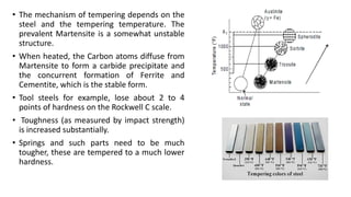 • The mechanism of tempering depends on the
steel and the tempering temperature. The
prevalent Martensite is a somewhat unstable
structure.
• When heated, the Carbon atoms diffuse from
Martensite to form a carbide precipitate and
the concurrent formation of Ferrite and
Cementite, which is the stable form.
• Tool steels for example, lose about 2 to 4
points of hardness on the Rockwell C scale.
• Toughness (as measured by impact strength)
is increased substantially.
• Springs and such parts need to be much
tougher, these are tempered to a much lower
hardness.
 