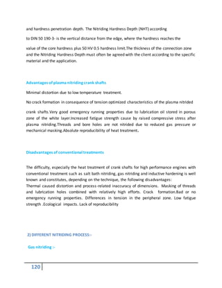 120
and hardness penetration depth. The Nitriding Hardness Depth (NHT) according
to DIN 50 190-3- is the vertical distance from the edge, where the hardness reaches the
value of the core hardness plus 50 HV 0.5 hardness limit.The thickness of the connection zone
and the Nitriding Hardness Depth must often be agreed with the client according to the specific
material and the application.
Advantages of plasma nitriding crank shafts
Minimal distortion due to low temperature treatment.
No crack formation in consequence of tension optimized characteristics of the plasma nitrided
crank shafts.Very good emergency running properties due to lubrication oil stored in porous
zone of the white layer.Increased fatigue strength cause by raised compressive stress after
plasma nitriding.Threads and bore holes are not nitrided due to reduced gas pressure or
mechanical masking.Absolute reproducibility of heat treatment.
Disadvantages of conventional treatments
The difficulty, especially the heat treatment of crank shafts for high performance engines with
conventional treatment such as salt bath nitriding, gas nitriding and inductive hardening is well
known and constitutes, depending on the technique, the following disadvantages:
Thermal caused distortion and process-related inaccuracy of dimensions. Masking of threads
and lubrication holes combined with relatively high efforts. Crack formation.Bad or no
emergency running properties. Differences in tension in the peripheral zone. Low fatigue
strength .Ecological impacts. Lack of reproducibility
2) DIFFERENT NITRIDING PROCESS:-
Gas nitriding :-
 