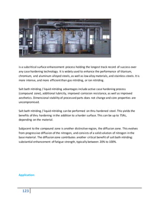 123
is a subcritical surface enhancement process holding the longest track record of success over
any case hardening technology. It is widely used to enhance the performance of titanium,
chromium, and aluminum alloyed steels, as well as low alloy materials, and stainless steels. It is
more intense, and more efficient than gas nitriding, or ion nitriding.
Salt bath nitriding / liquid nitriding advantages include active case hardening process
(compound zone), additional lubricity, improved corrosion resistance, as well as improved
aesthetics. Dimensional stability of processed parts does not change and core properties are
uncompromised.
Salt bath nitriding / liquid nitriding can be performed on thru hardened steel. This yields the
benefits of thru hardening in the addition to a harder surface. This can be up to 75Rc,
depending on the material.
Subjacent to the compound zone is another distinctive region, the diffusion zone. This evolves
from progressive diffusion of the nitrogen, and consists of a solid solution of nitrogen in the
base material. The diffusion zone contributes another critical benefit of salt bath nitriding:
substantial enhancement of fatigue strength, typically between 20% to 100%.
Application:
 