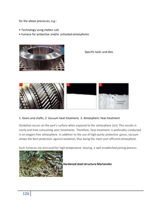 126
for the above processes, e.g.:
• Technology using molten salt
• Furnace for protective and/or activated atmospheres
Specific tools and dies
1. Gears and shafts, 2. Vacuum heat treatment, 3. Atmospheric heat treatment
Oxidation occurs on the part's surface when exposed to the atmosphere (air). This results in
costly and time-consuming post treatments. Therefore, heat treatment is preferably conducted
in an oxygen-free atmosphere. In addition to the use of high-purity protective gases, vacuum
allows the best protection against oxidation, thus being the most cost-efficient atmosphere.
Such furnaces are also used for high temperature brazing, a well established joining process.
Hardened steel structure Martensite
 