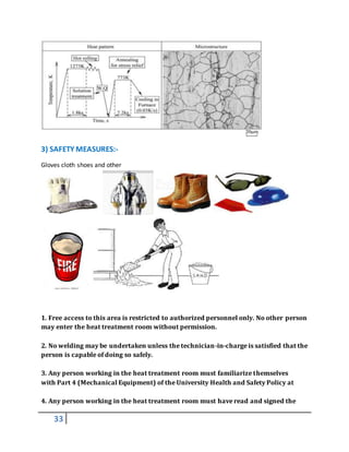 33
3) SAFETY MEASURES:-
Gloves cloth shoes and other
1. Free access to this area is restricted to authorized personnel only. No other person
may enter the heat treatment room without permission.
2. No welding may be undertaken unless the technician-in-charge is satisfied that the
person is capable of doing so safely.
3. Any person working in the heat treatment room must familiarize themselves
with Part 4 (Mechanical Equipment) of the University Health and Safety Policy at
4. Any person working in the heat treatment room must have read and signed the
 