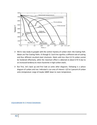 42
 We're now ready to grapple with the central mystery of carbon steel--the Cooling Path.
Above are five Cooling Paths--A through D. Each line signifies a different rate of cooling
and thus different resultant steel structures. Steels with less than 0.3 % carbon cannot
be hardened effectively, while the maximum effect is obtained at about 0.76 % due to
an increased tendency to retain Austenite in high carbon steels.
 But first, let's back up and first look at some other diagrams. Following is a phase
diagram of carbon and iron. Indicated is our area of interest--1/2 to 1 percent of carbon
and a temperature range of maybe 1800F down to room temperature.
EQUILIBRIUM FE-C PHASE DIAGRAM:-
 