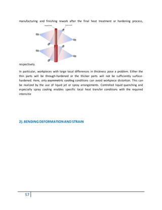 57
manufacturing and finishing rework after the final heat treatment or hardening process,
respectively.
In particular, workpieces with large local differences in thickness pose a problem. Either the
thin parts will be through-hardened or the thicker parts will not be sufficiently surface-
hardened. Here, only asymmetric cooling conditions can avoid workpiece distortion. This can
be realized by the use of liquid jet or spray arrangements. Controlled liquid quenching and
especially spray cooling enables specific local heat transfer conditions with the required
intensitie
2). BENDING DEFORMATIONAND STRAIN
 