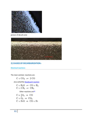 61
.
picture of decarb zone
2) CAUSES OF DECARBURIZATION:-
Chemical reactions
The most common reactions are:
also called the Boudouard reaction
Other reactions are[1]
 