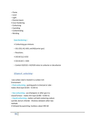 95
– Flame
– Laser
– Light
– Electron beam
• Case Hardening
– Carburizing
– Cyaniding
– Carbonitriding
– Nitriding
Case Hardening :-
• Carburizing gas mixtures
– CO, CO2, H2, H2O, and N2(carrier gas)
– Reactions:
• 2CO Æ C(s) +CO2
• CO+H2 Æ C + H2O
– Control CO/CO2 + H2/H2O ratios to carburize or decarburize
2)Types of carburizing:-
Low-carbon steel is heated in a carbon-rich
Environment
– Pack carburizing - packing parts in charcoal or coke -
makes thick layer (0.025 - 0.150 in)
– Gas carburizing - use of propane or other gas in a
closed furnace - makes thin layer (0.005 - 0.030 in)
– Liquid carburizing - molten salt bath containing sodium
cyanide, barium chloride - thickness between other two
methods
• Followed by quenching, hardness about HRC 60
 