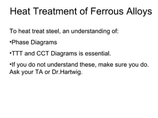 Heat Treatment of Ferrous Alloys To heat treat steel, an understanding of: Phase Diagrams TTT and CCT Diagrams is essential. If you do not understand these, make sure you do. Ask your TA or Dr.Hartwig.  
