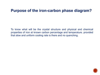 Purpose of the iron-carbon phase diagram?
To know what will be the crystal structure and physical and chemical
properties of iron at known carbon percentage and temperature. provided
that slow and uniform cooling rate is there and no quenching.
 