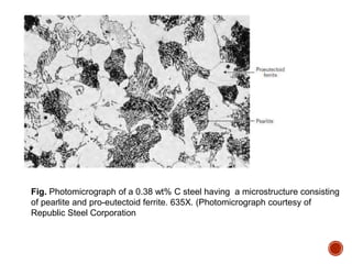 Fig. Photomicrograph of a 0.38 wt% C steel having a microstructure consisting
of pearlite and pro-eutectoid ferrite. 635X. (Photomicrograph courtesy of
Republic Steel Corporation
 