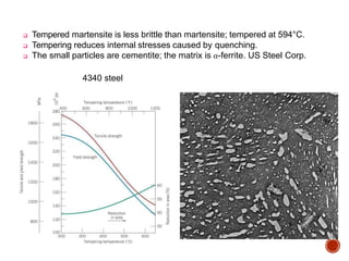  Tempered martensite is less brittle than martensite; tempered at 594°C.
 Tempering reduces internal stresses caused by quenching.
 The small particles are cementite; the matrix is α-ferrite. US Steel Corp.
4340 steel
 