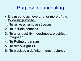 Purpose of annealing
• It is used to achieve one or more of the
following purpose .
1. To relive or remove stresses
2. To include softness
3. To alter ductility , toughness, electrical,
magnetic.
4. To Refine grain size
5. To remove gases
6. To produce a definite microstructure .
31
 