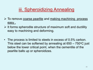 iii. Spheroidizing Annealing
 To remove coarse pearlite and making machining process
easy .
 It forms spherodite structure of maximum soft and ductility
easy to machining and deforming.
• The process is limited to steels in excess of 0.5% carbon.
This steel can be softened by annealing at 650 – 750oC just
below the lower critical point, when the cementite of the
pearlite balls up or spheroidizes.
36
 