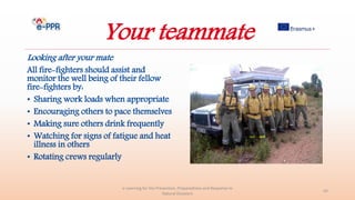 Your teammate
Looking after your mate
All fire-fighters should assist and
monitor the well being of their fellow
fire-fighters by:
• Sharing work loads when appropriate
• Encouraging others to pace themselves
• Making sure others drink frequently
• Watching for signs of fatigue and heat
illness in others
• Rotating crews regularly
e-Learning for the Prevention, Preparedness and Response to
Natural Disasters
43
 