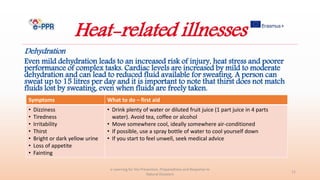 Heat-related illnesses
Dehydration
Even mild dehydration leads to an increased risk of injury, heat stress and poorer
performance of complex tasks. Cardiac levels are increased by mild to moderate
dehydration and can lead to reduced fluid available for sweating. A person can
sweat up to 15 litres per day and it is important to note that thirst does not match
fluids lost by sweating, even when fluids are freely taken.
e-Learning for the Prevention, Preparedness and Response to
Natural Disasters
11
Symptoms What to do – first aid
• Dizziness
• Tiredness
• Irritability
• Thirst
• Bright or dark yellow urine
• Loss of appetite
• Fainting
• Drink plenty of water or diluted fruit juice (1 part juice in 4 parts
water). Avoid tea, coffee or alcohol
• Move somewhere cool, ideally somewhere air-conditioned
• If possible, use a spray bottle of water to cool yourself down
• If you start to feel unwell, seek medical advice
 
