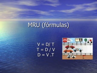 MRU (fórmulas) V = D/ T T = D / V D = V .T 