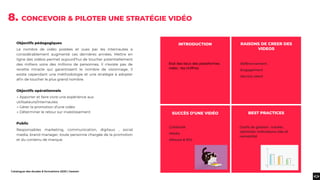 Catalogue des études & formations 2020 | heaven
Objectifs pédagogiques
Le nombre de vidéo postées et vues par les internautes a
considérablement augmenté ces dernières années. Mettre en
ligne des vidéos permet aujourd’hui de toucher potentiellement
des milliers voire des millions de personnes. Il n’existe pas de
recette miracle qui garantissent le nombre de visionnage, il
existe cependant une méthodologie et une stratégie à adopter
aﬁn de toucher le plus grand nombre.
Objectifs opérationnels
→ Apporter et faire vivre une expérience aux
utilisateurs/internautes
→ Gérer la promotion d’une vidéo
→ Déterminer le retour sur investissement
Public
Responsables marketing, communication, digitaux , social
media, brand manager, toute personne chargée de la promotion
et du contenu de marque.
8. CONCEVOIR & PILOTER UNE STRATÉGIE VIDÉO
Etat des lieux des plateformes
vidéo : les chiffres
.Créativité
.Media
.Mesure & ROI
Outils de gestion : tracker,
optimiser Indicateurs-clés et
rentabilité
RAISONS DE CREER DES
VIDEOS
SUCCÈS D’UNE VIDÉO BEST PRACTICES
.Référencement
.Engagement
.Service client
INTRODUCTION
 