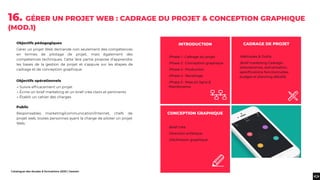 Catalogue des études & formations 2020 | heaven
Objectifs pédagogiques
Gérer un projet Web demande non seulement des compétences
en termes de pilotage de projet, mais également des
compétences techniques. Cette 1ère partie propose d’apprendre
les bases de la gestion de projet et s’appuie sur les étapes de
cadrage et de conception graphique.
Objectifs opérationnels
→ Suivre efﬁcacement un projet
→ Écrire un brief marketing et un brief créa clairs et pertinents
→ Établir un cahier des charges
Public
Responsables marketing/communication/Internet, chefs de
projet web, toutes personnes ayant la charge de piloter un projet
Web.
16. GÉRER UN PROJET WEB : CADRAGE DU PROJET & CONCEPTION GRAPHIQUE
(MOD.1)
.Phase 1 : Cadrage du projet
.Phase 2 : Conception graphique
.Phase 3 : Production
.Phase 4 : Recettage
.Phase 5 : Mise en ligne &
Maintenance
.Brief créa
.Direction artistique
.Déclinaison graphique
INTRODUCTION CADRAGE DE PROJET
CONCEPTION GRAPHIQUE
.Méthodes & Outils
.Brief marketing Cadrage :
arborescence, scénarisation,
spéciﬁcations fonctionnelles,
budget et planning détaillé
 