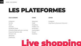 USA & EUROPE
Instagram
Tik-Tok
Twich
YouTube
Facebook Shops
Pinterest (Shop with your camera)
Snapchat Dynamic Ads
Amazon Live
Aliexpress
ChekmOut
CHINE
Aliexpress
TMall
ShopShop
TaoBao Live
Pinduoduo
Xiaohongshu
Douyin
Kuaishou
JAPON
Instagram
Shop Room (showroom-live.com)
 