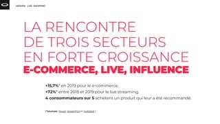 +15,7%* en 2019 pour le e-commerce,
+72%* entre 2018 et 2019 pour le live streaming,
4 consommateurs sur 5 achètent un produit qui leur a été recommandé.
(*sources : fevad, streamﬁzz et HubSpot )
 