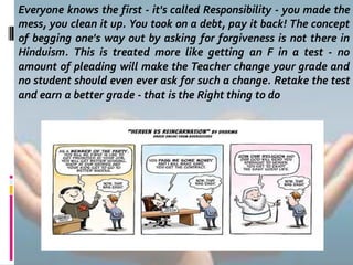 Everyone knows the first - it's called Responsibility - you made the
mess, you clean it up. You took on a debt, pay it back! The concept
of begging one's way out by asking for forgiveness is not there in
Hinduism. This is treated more like getting an F in a test - no
amount of pleading will make the Teacher change your grade and
no student should even ever ask for such a change. Retake the test
and earn a better grade - that is the Right thing to do
 