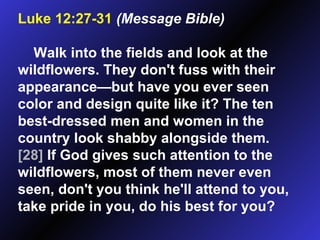 Luke 12:27-31   (Message Bible)   Walk into the fields and look at the wildflowers. They don't fuss with their appearance—but have you ever seen color and design quite like it? The ten best-dressed men and women in the country look shabby alongside them.  [28]  If God gives such attention to the wildflowers, most of them never even seen, don't you think he'll attend to you, take pride in you, do his best for you?  