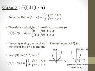 Case 2 : F(t).H(t - a)
• We know that 𝐻 𝑡 − 𝑎 =
0 𝑓𝑜𝑟 𝑡 < 𝑎
1 𝑓𝑜𝑟 𝑡 ≥ 𝑎
• Therefore multiplying f(t) with H(t - a), we get
𝑓 𝑡 . 𝐻 𝑡 − 𝑎 =
0 𝑓𝑜𝑟 𝑡 < 𝑎
𝑓(𝑡) 𝑓𝑜𝑟 𝑡 ≥ 𝑎
• Hence by taking the product f(t).H(t-a) the part of f(t) to
the left of the t = a is cut off.
• Example: Let 𝑓 𝑡 = 𝑡2
• 𝑓 𝑡 . 𝐻 𝑡 =
0 𝑓𝑜𝑟 𝑡 < 𝑎
𝑡2 𝑓𝑜𝑟 𝑡 ≥ 𝑎
Here a = 2
 