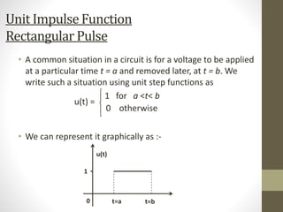 Unit Impulse Function
Rectangular Pulse
• A common situation in a circuit is for a voltage to be applied
at a particular time t = a and removed later, at t = b. We
write such a situation using unit step functions as
1 for a <t< b
• We can represent it graphically as :-
0 otherwise
u(t) =
t=a t=b0
1
u(t)
 