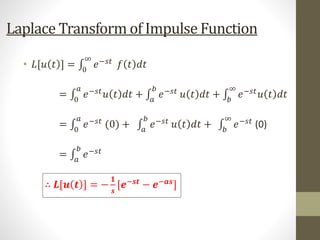 Laplace Transform of Impulse Function
• 𝐿[𝑢 𝑡 ] = 0
∞
𝑒−𝑠𝑡 𝑓 𝑡 𝑑𝑡
= 0
𝑎
𝑒−𝑠𝑡
𝑢 𝑡 𝑑𝑡 + 𝑎
𝑏
𝑒−𝑠𝑡
𝑢 𝑡 𝑑𝑡 + 𝑏
∞
𝑒−𝑠𝑡
𝑢 𝑡 𝑑𝑡
= 0
𝑎
𝑒−𝑠𝑡 (0) + 𝑎
𝑏
𝑒−𝑠𝑡 𝑢 𝑡 𝑑𝑡 + 𝑏
∞
𝑒−𝑠𝑡 (0)
= 𝑎
𝑏
𝑒−𝑠𝑡
∴ 𝑳[𝒖 𝒕 ] = −
𝟏
𝒔
[𝒆−𝒔𝒕 − 𝒆−𝒂𝒔]
 