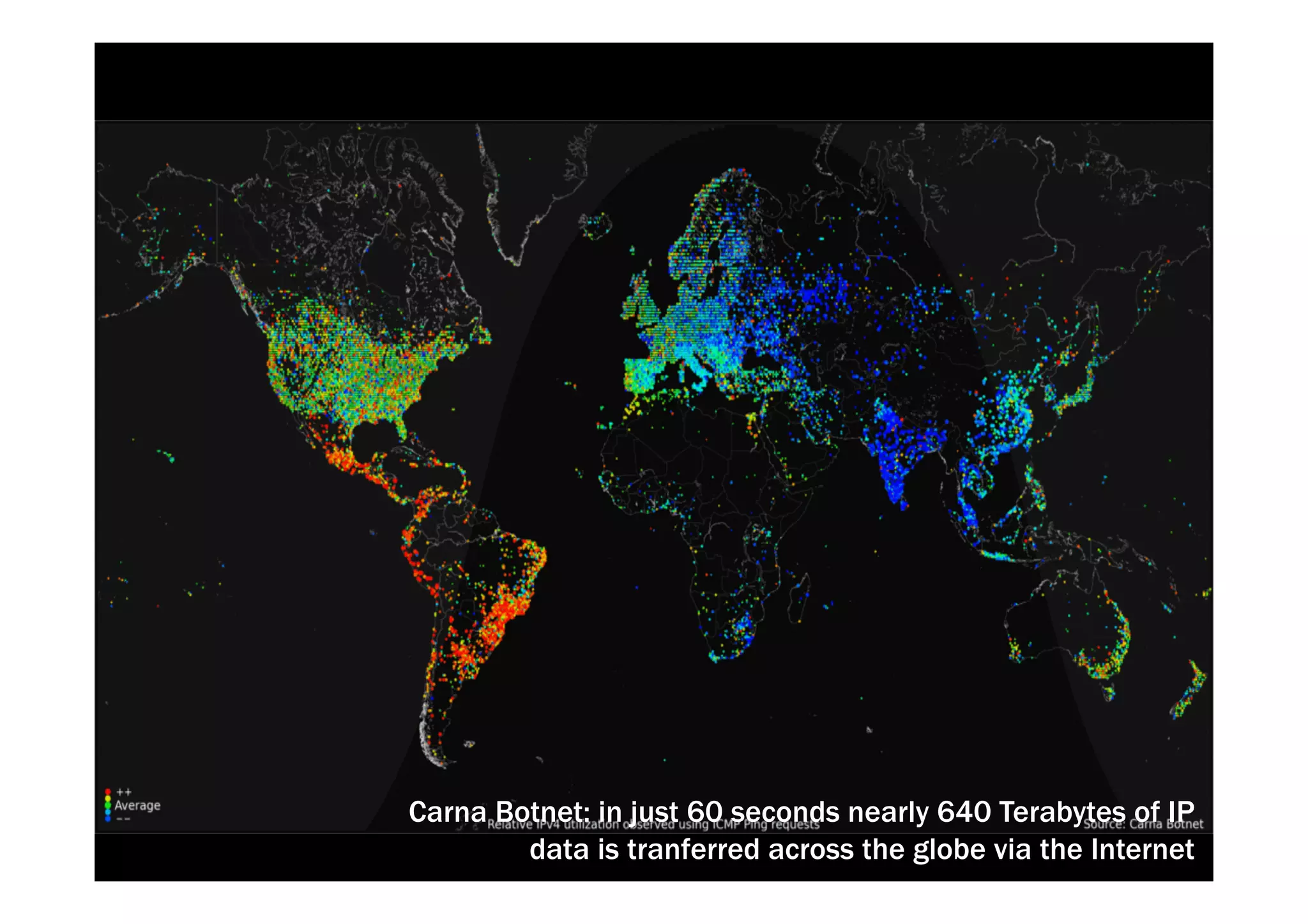 Carna Botnet: in just 60 seconds nearly 640 Terabytes of IP 
data is tranferred across the globe via the Internet 
 