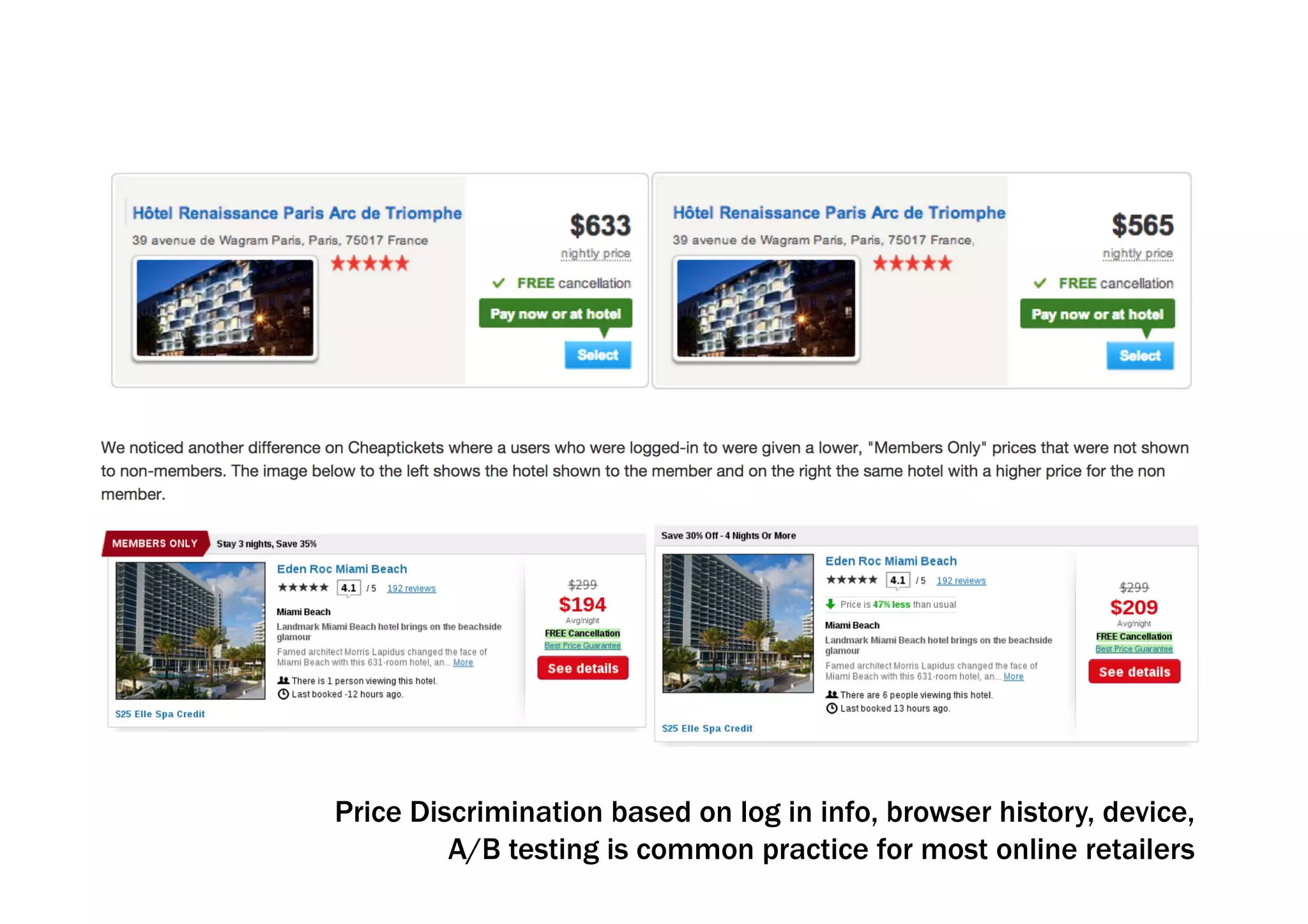 Price Discrimination based on log in info, browser history, device, 
A/B testing is common practice for most online retailers 
 