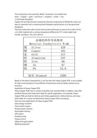 The conductivity is the resistivity. Metal "conductors" are divided into:
Silver Copper gold aluminum tungsten nickel iron.
→ → → → → →
3, Good heat dissipation
Copper foil has high thermal conductivity (thermal conductivity of 401W/mK), which can
play an important role in improving heat dissipation performance, so it has good heat
dissipation;
Thermal conductivity refers to the heat transferred through an area of 1m2 within 1H for
a 1m thick material with a surface temperature difference of 1°C under stable heat
transfer conditions. The unit is W/m·K.
Based on the above characteristics, it can be seen that Heavy Copper PCB is very suitable
for high-current products. It has different characteristics and can better achieve circuit
functions.
Application of Heavy Copper PCB
Heavy Copper PCBs have a number of benefits over standard PCBs. In addition, they offer
excellent features that make them ideal for specific applications. For example, Heavy
Copper PCBs are ideal for defense and military applications, medical devices, and many
other fields. As a result, the demand for Heavy Copper PCB is increasing.
Here are some applications of Heavy Copper PCBs:
Solar energy converter
Track traction system
Nuclear power industry
Automobile industry
UPS system
Protective relay
Torque control
Safety and signal system
Welding equipment
 