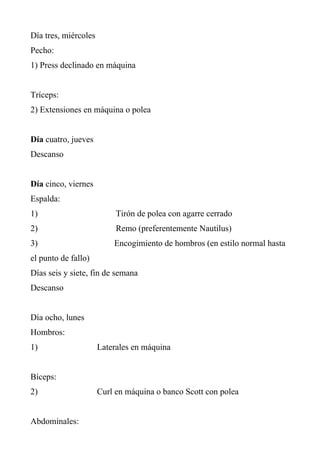 Día tres, miércoles
Pecho:
1) Press declinado en máquina


Tríceps:
2) Extensiones en máquina o polea


Día cuatro, jueves
Descanso


Día cinco, viernes
Espalda:
1)                         Tirón de polea con agarre cerrado
2)                         Remo (preferentemente Nautilus)
3)                        Encogimiento de hombros (en estilo normal hasta
el punto de fallo)
Días seis y siete, fin de semana
Descanso


Día ocho, lunes
Hombros:
1)                    Laterales en máquina


Bíceps:
2)                    Curl en máquina o banco Scott con polea


Abdominales:
 