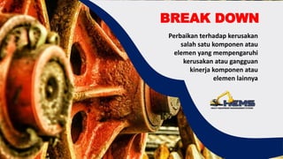 TEXT ANDA DI SIN
Tagline Anda di sini
Kalimat Pelengkap Anda di sini
Silakan Ganti sesuai kebutuhan
anda
BREAK DOWN
Perbaikan terhadap kerusakan
salah satu komponen atau
elemen yang mempengaruhi
kerusakan atau gangguan
kinerja komponen atau
elemen lainnya
 